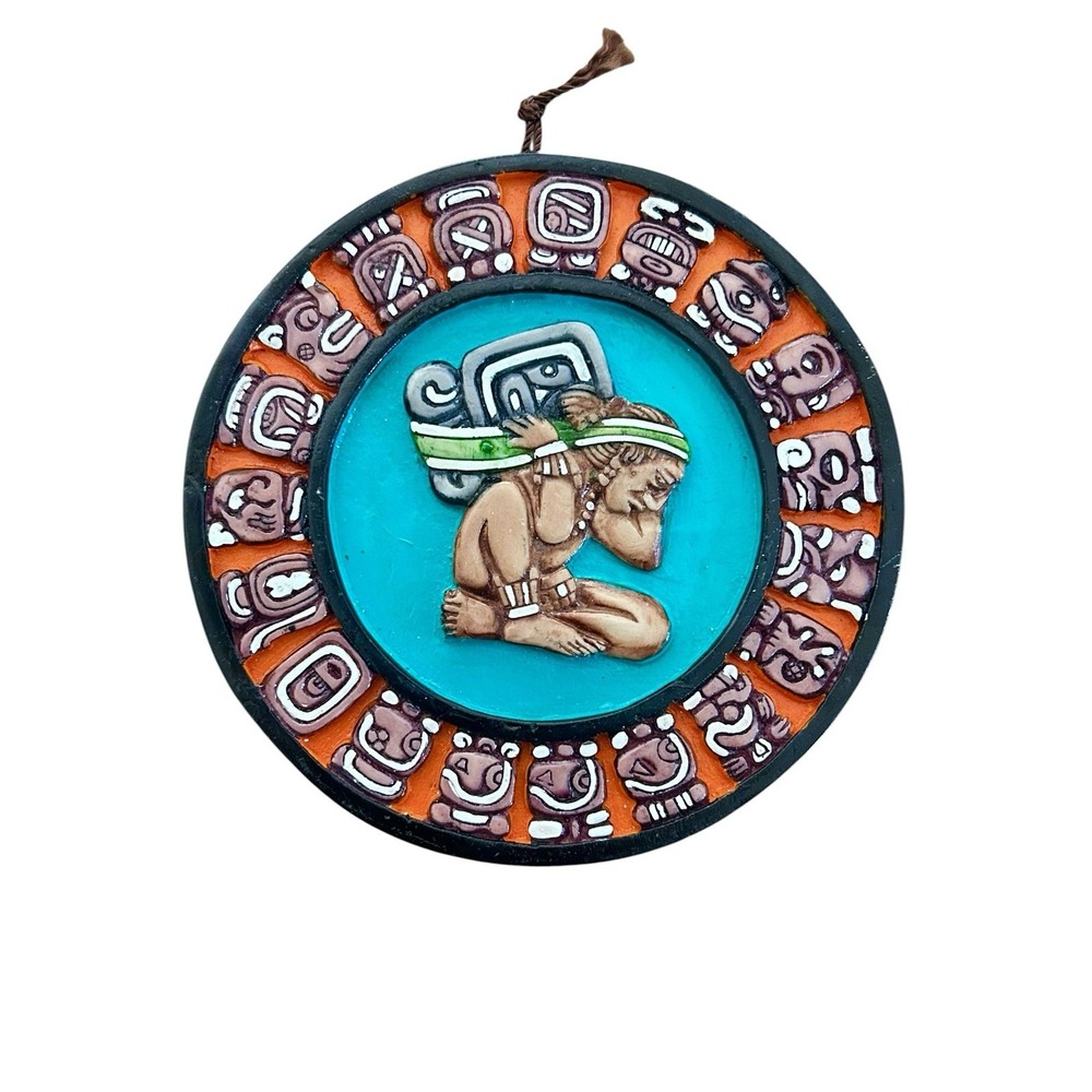 Mayan Calendar Wall Plaque Terracotta Clay Hand Painted Mexican Folk Art